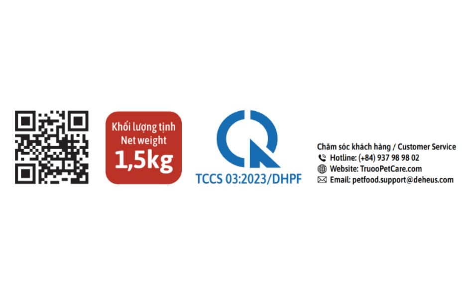 Thông tin định lượng sản phẩm, mã QR và TCCS của bao bì thức ăn cho mèo Catpy